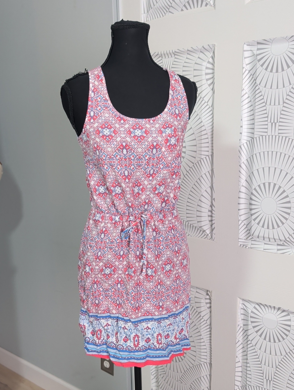 Pink Republic Pink & Blue Printed Tie-Waist Tank Dress